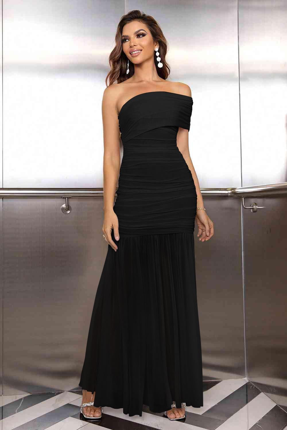 Elegant One Shoulder Sleeveless Ruched Bodycon Maxi Dress
