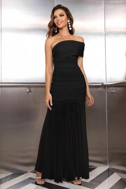 Elegant One Shoulder Sleeveless Ruched Bodycon Maxi Dress