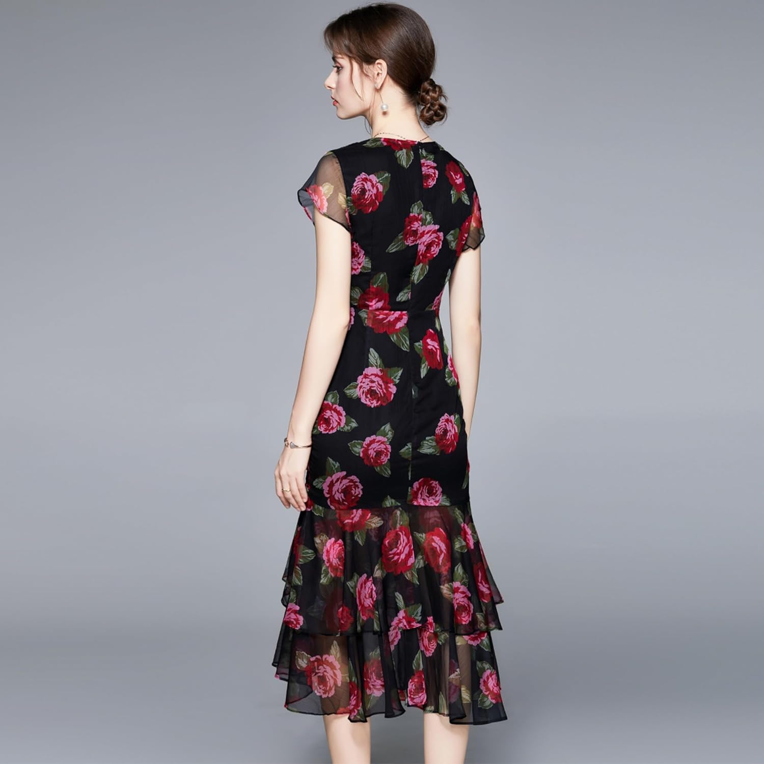 Rose Floral Cascading Ruffle Ruched V-Neck Midi Dresses