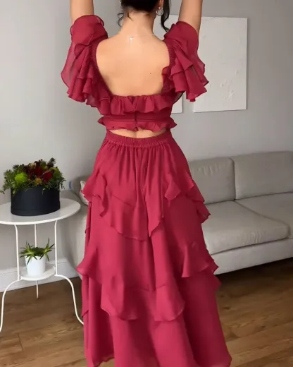 Charming Red Flutter Ruffled Midi Dress