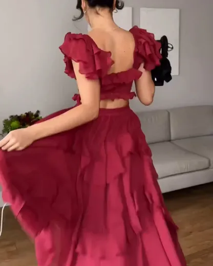 Charming Red Flutter Ruffled Midi Dress