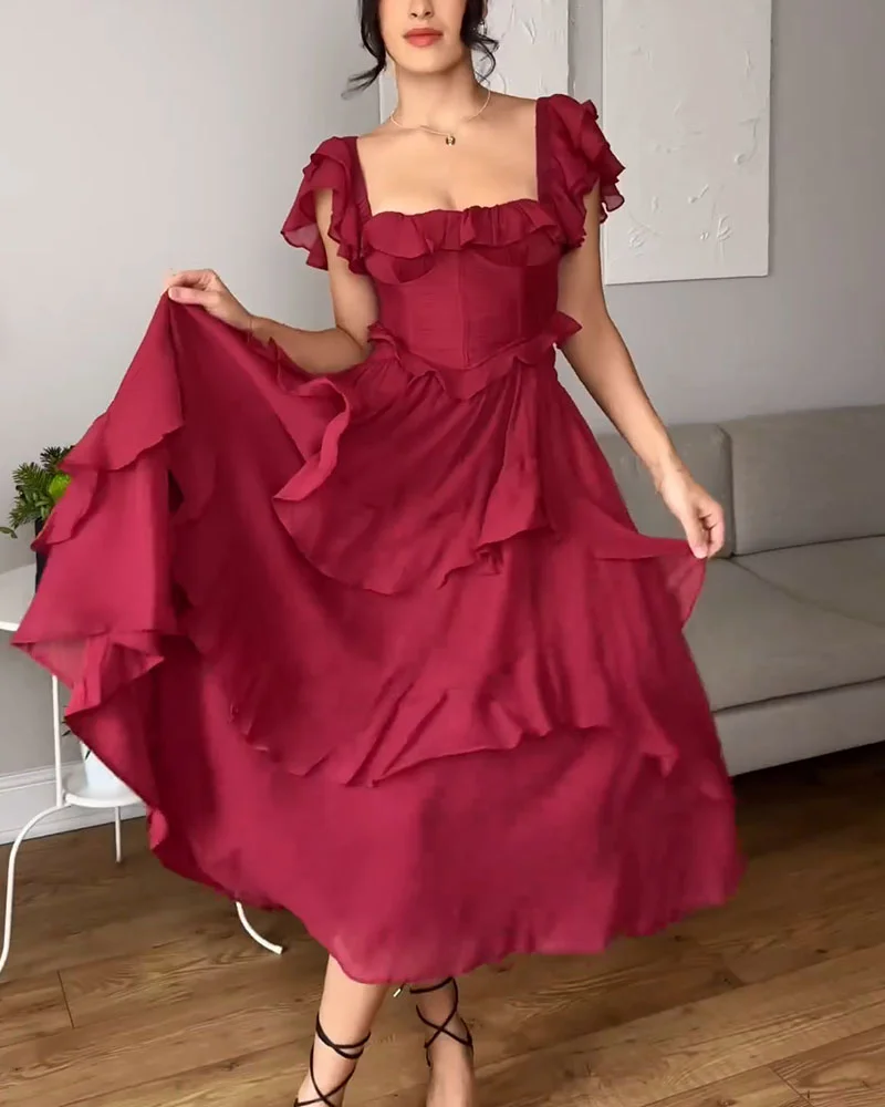 Charming Red Flutter Ruffled Midi Dress