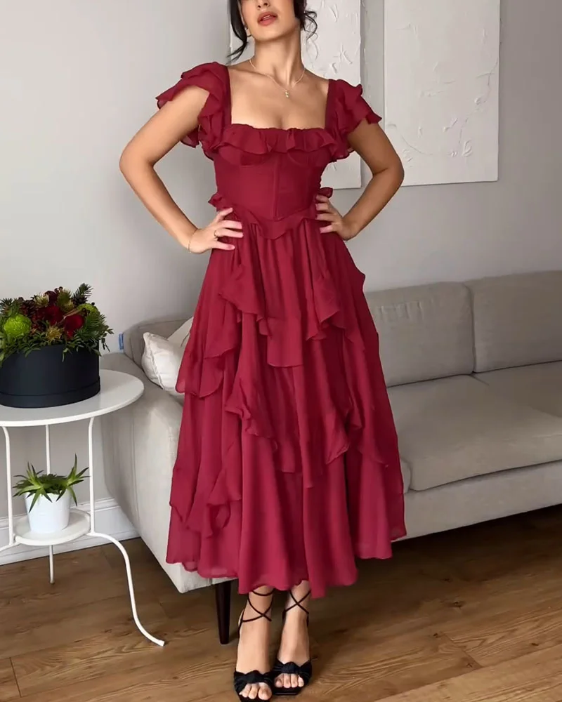 Charming Red Flutter Ruffled Midi Dress