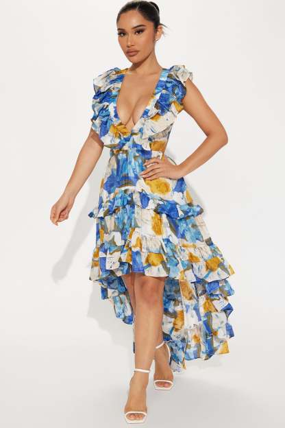 Denise Blue Combo Ruffle Maxi Dress