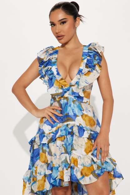 Denise Blue Combo Ruffle Maxi Dress