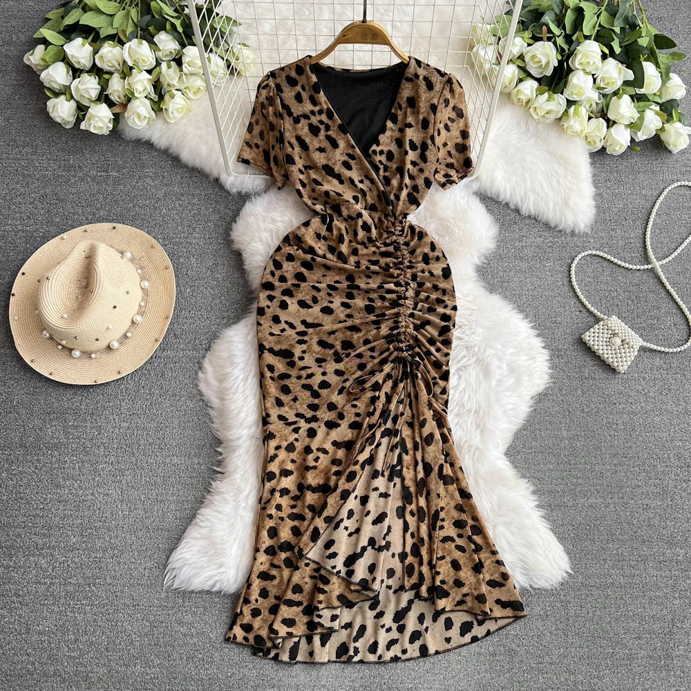 Leopard Print Ruched Bodycon Midi Dress