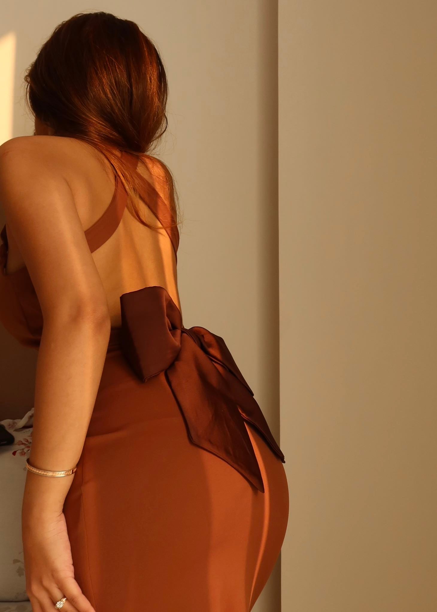 Rust Brown Opera Bow Backless Maxi Dress
