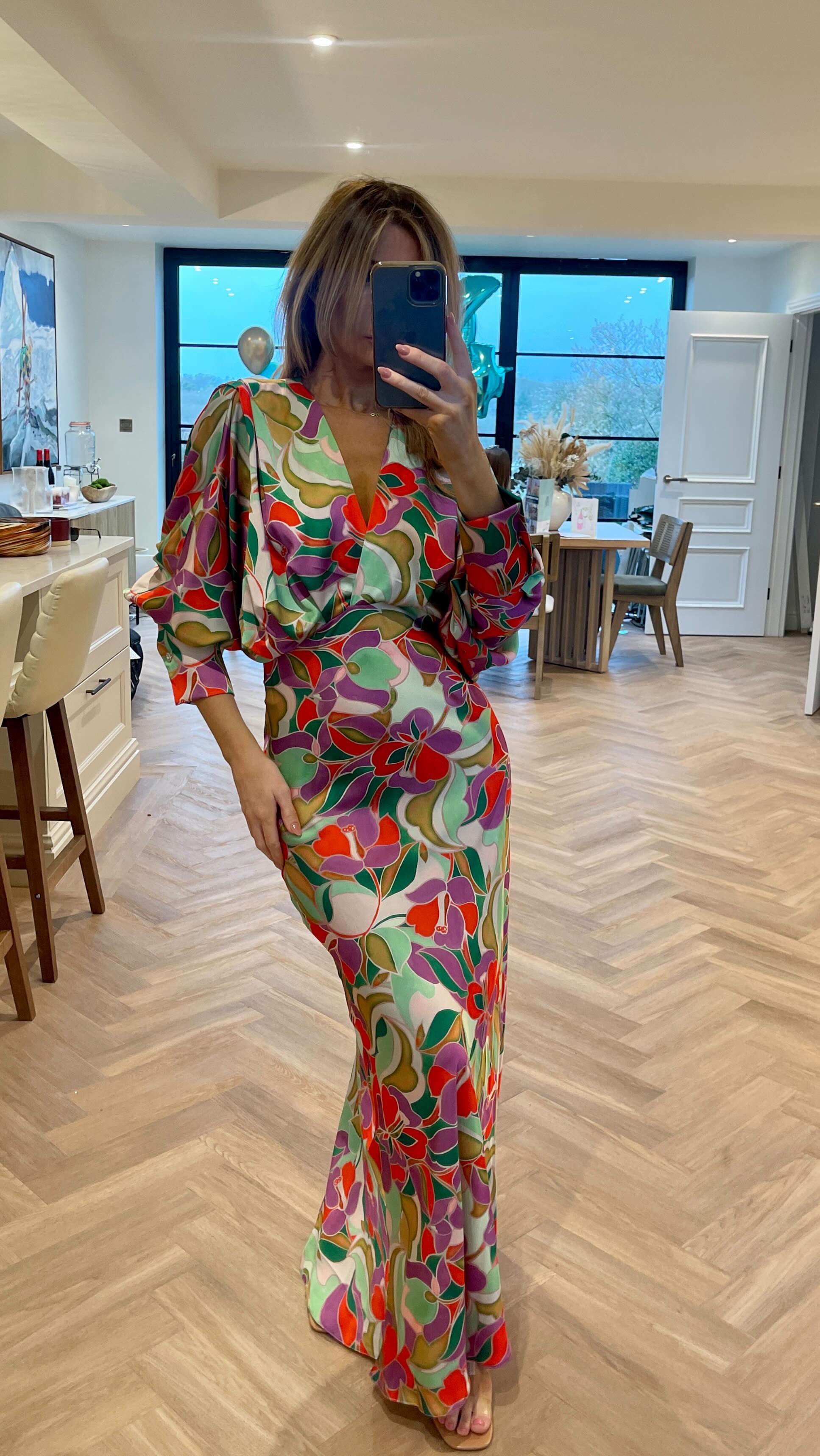 Bias Cut Multi Green Floral Maxi Dress