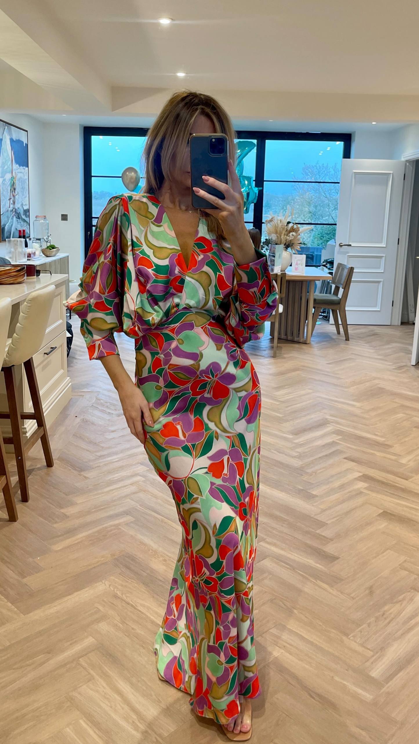 Bias Cut Multi Green Floral Maxi Dress