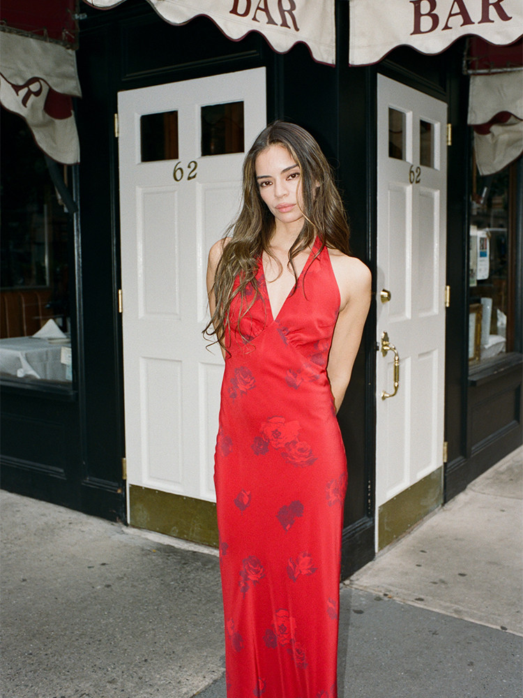 Scarlet Rose Halter-Neck Deep V Satin Maxi Dress
