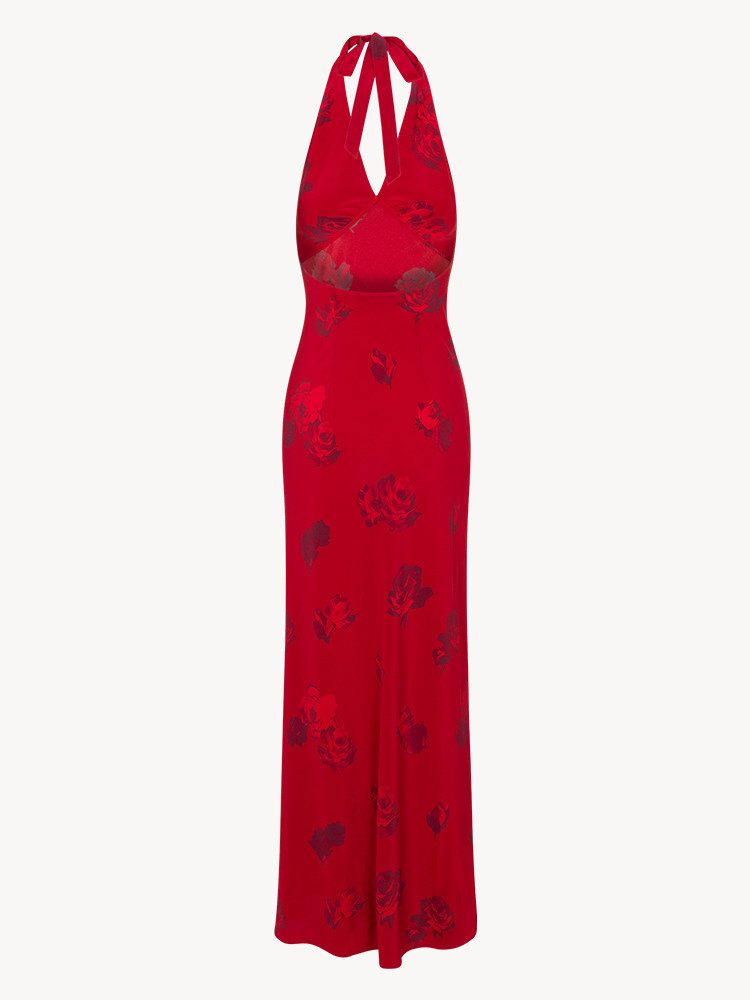 Scarlet Rose Halter-Neck Deep V Satin Maxi Dress
