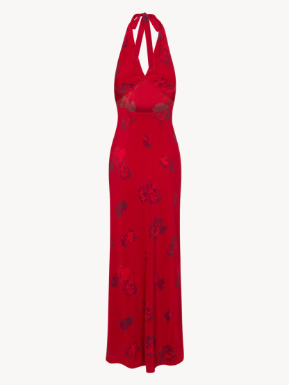 Scarlet Rose Halter-Neck Deep V Satin Maxi Dress