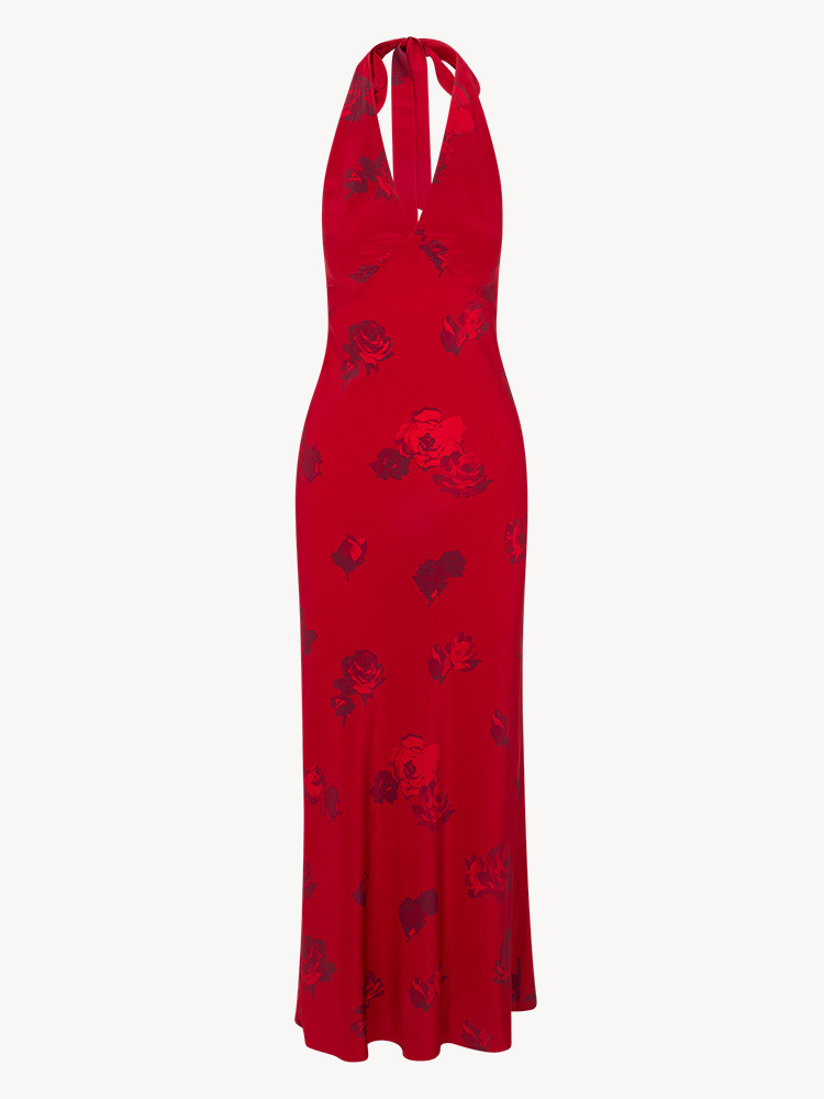 Scarlet Rose Halter-Neck Deep V Satin Maxi Dress