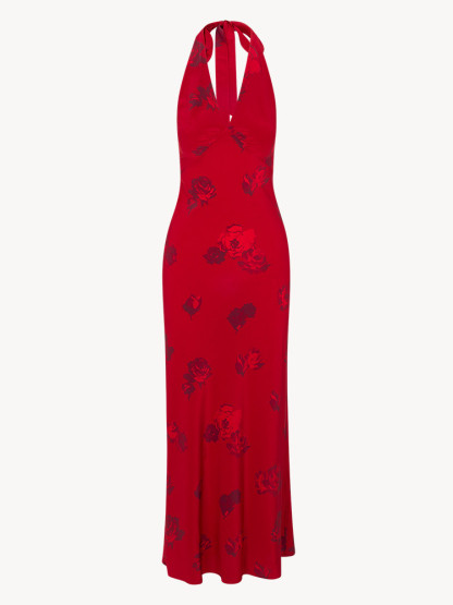 Scarlet Rose Halter-Neck Deep V Satin Maxi Dress