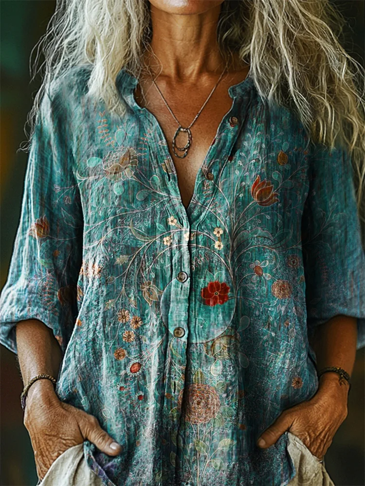 Casual Vintage Floral Print Cotton Shirt