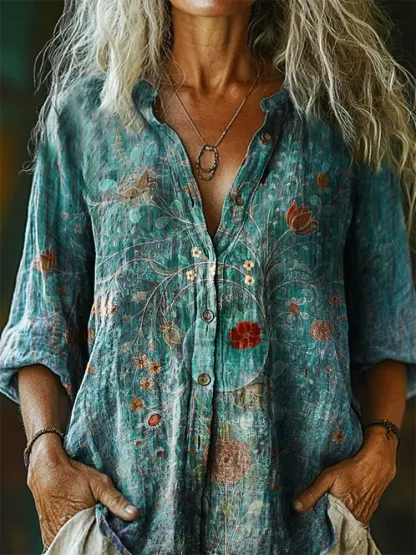 Casual Vintage Floral Print Cotton Shirt