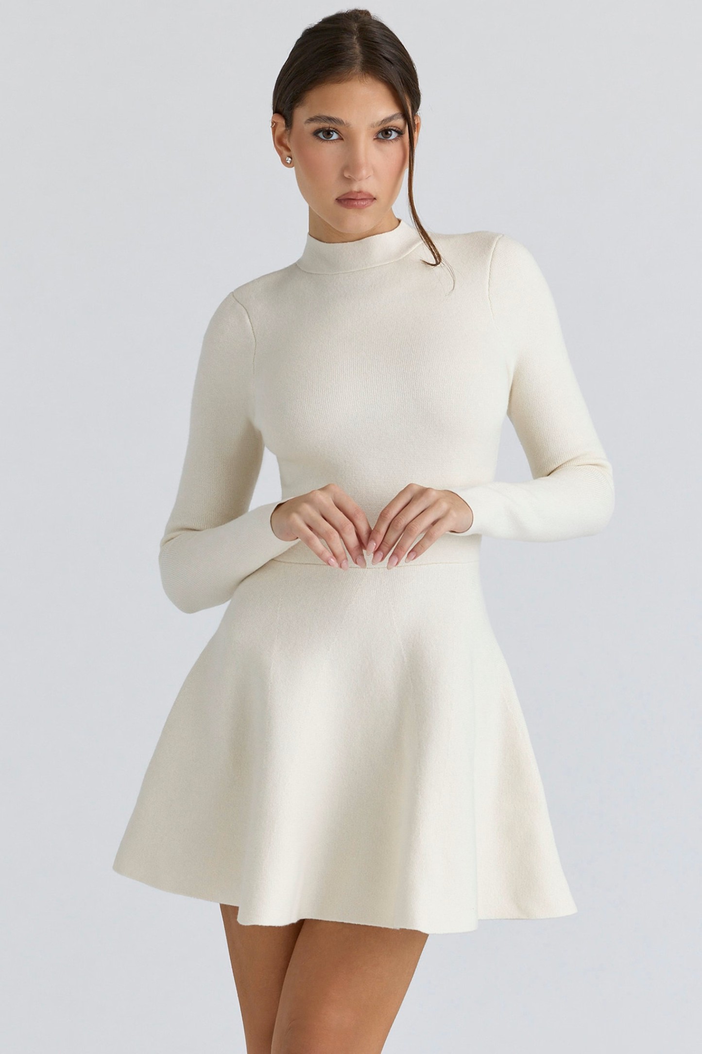 Cream Knit Turtleneck Cinched-Waist Flared Mini Dress