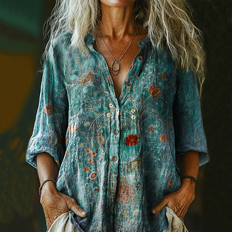 Casual Vintage Floral Print Cotton Shirt