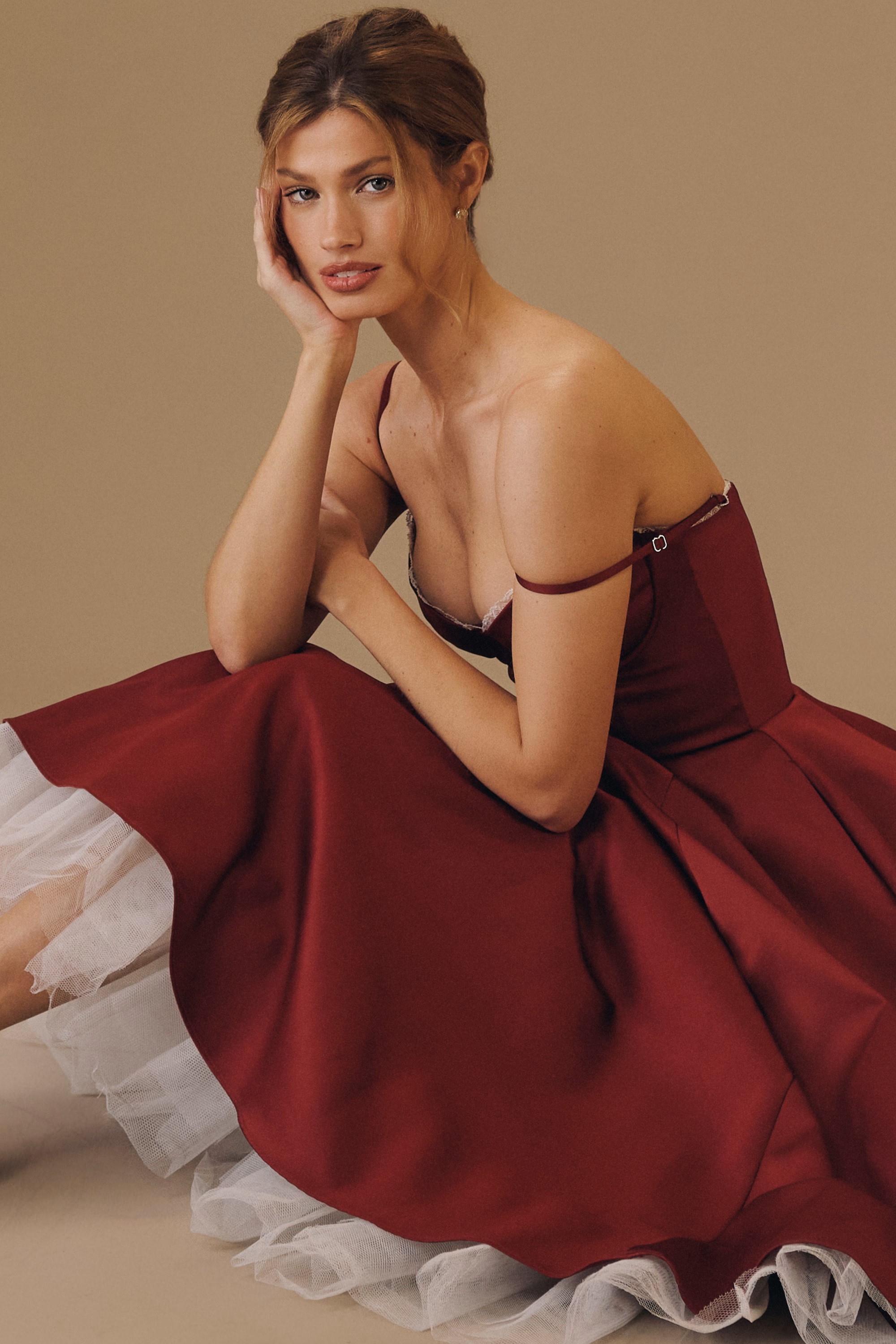 Burgundy Lace-Trim Bustier Midi Dress