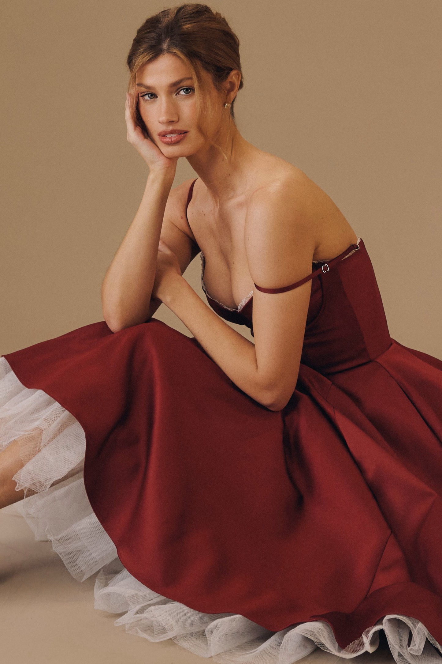 Burgundy Lace-Trim Bustier Midi Dress