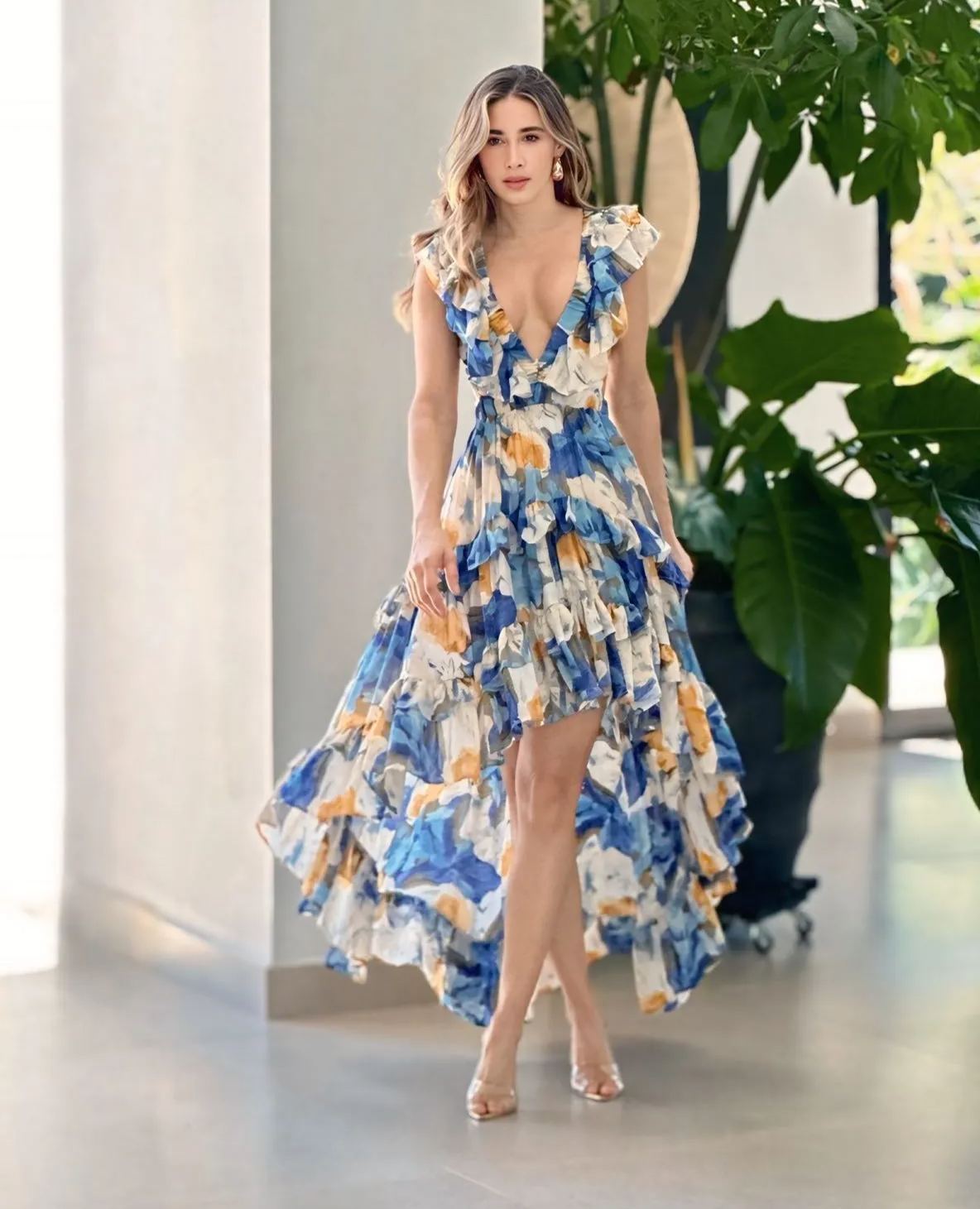 Denise Blue/combo Ruffle Maxi Dress
