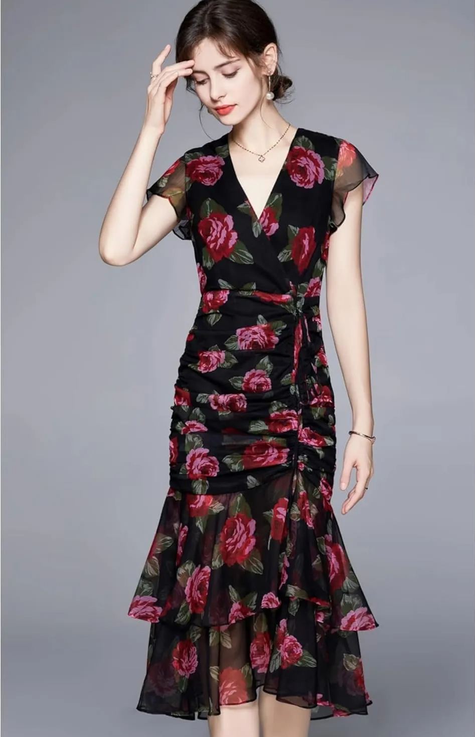 Rose Floral Cascading Ruffle Ruched V-Neck Midi Dresses