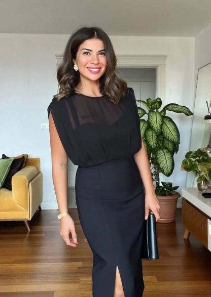 Black Top Pleated Chiffon Waist Belted Crepe Midi Dress