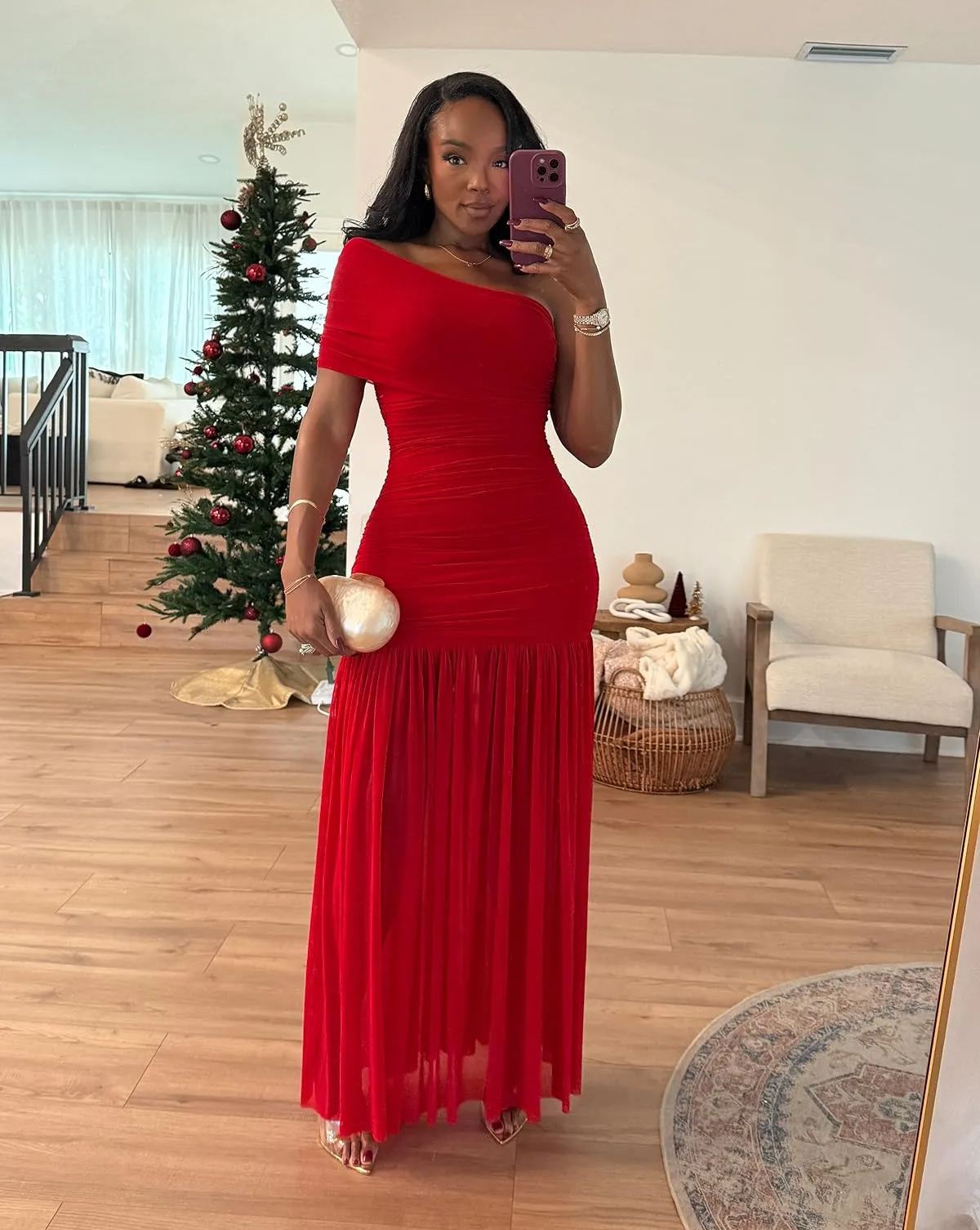 Elegant One Shoulder Sleeveless Ruched Bodycon Maxi Dress