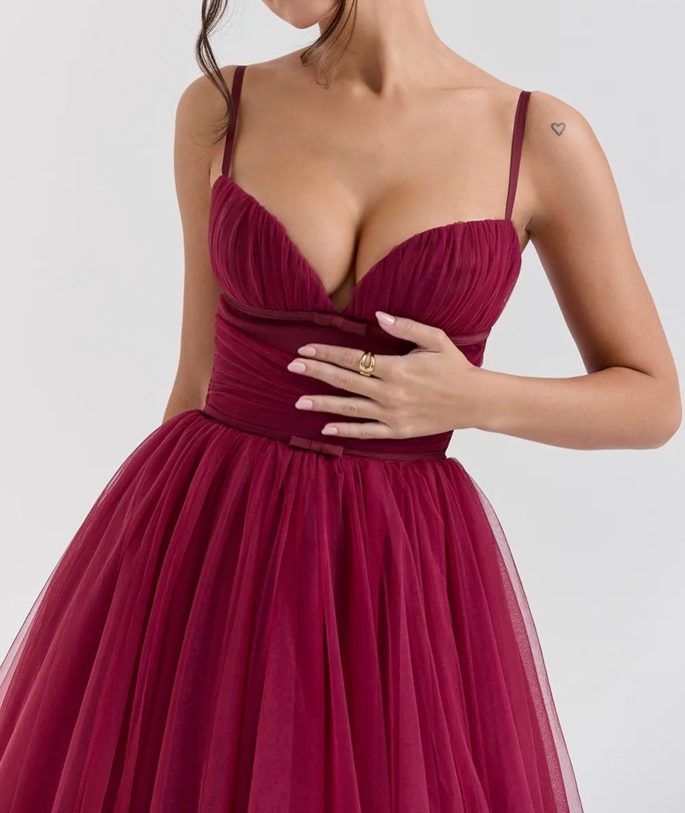 Elegant Cabernet Tulle Midi Dress