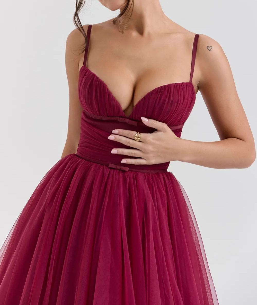 Elegant Cabernet Tulle Midi Dress