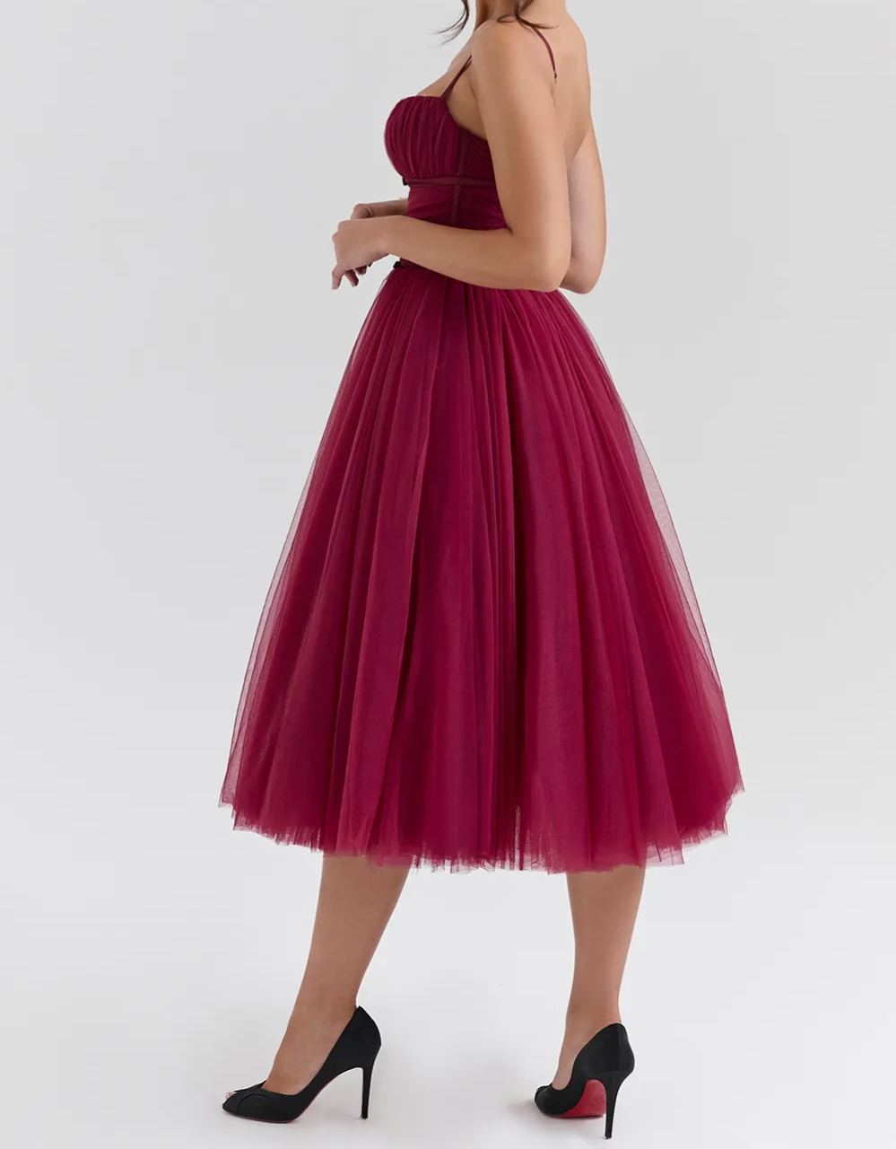 Elegant Cabernet Tulle Midi Dress