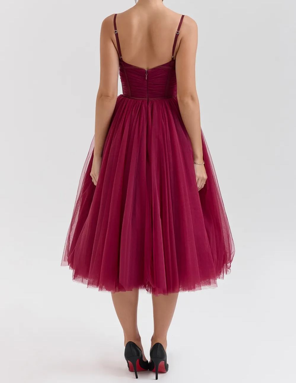 Elegant Cabernet Tulle Midi Dress