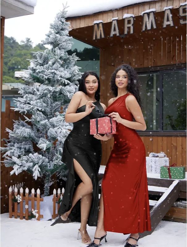 Women's Sexy One Shoulder Satin High Split Cocktail Fit Wedding Party Maxi Formal Dress