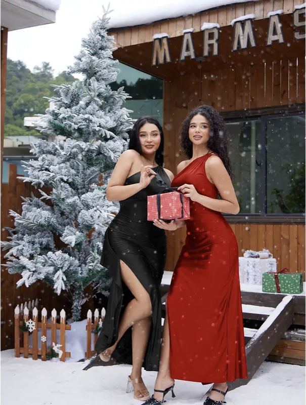 Women's Sexy One Shoulder Satin High Split Cocktail Fit Wedding Party Maxi Formal Dress