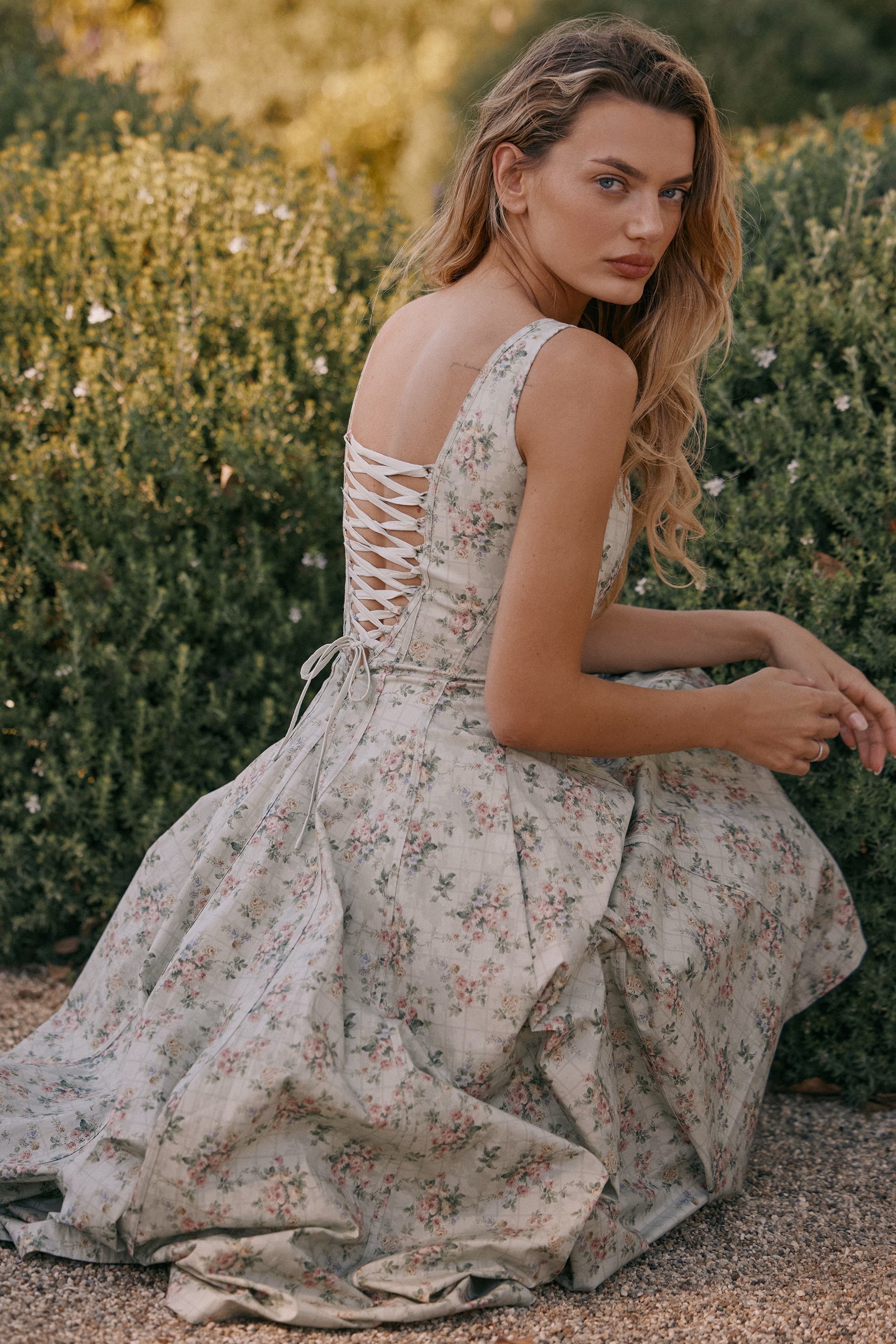 Mist Green Rose Square-Neck Floral Midi Dress