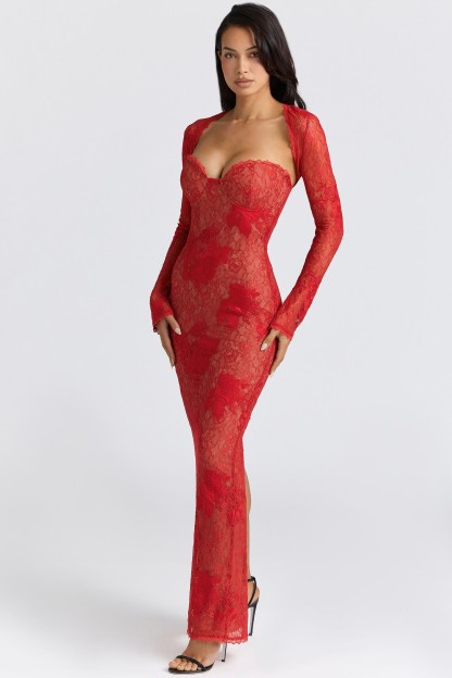  Red Lace Deep V Fitted Maxi Dress