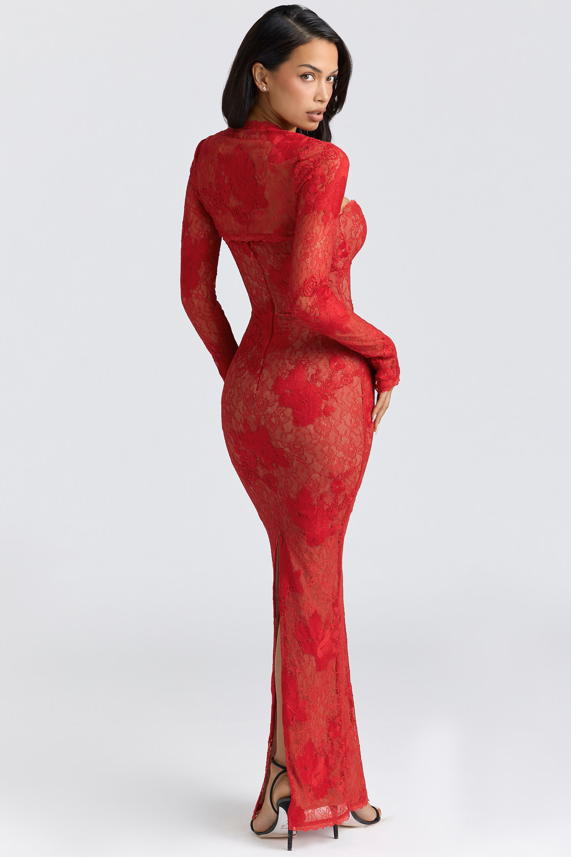  Red Lace Deep V Fitted Maxi Dress