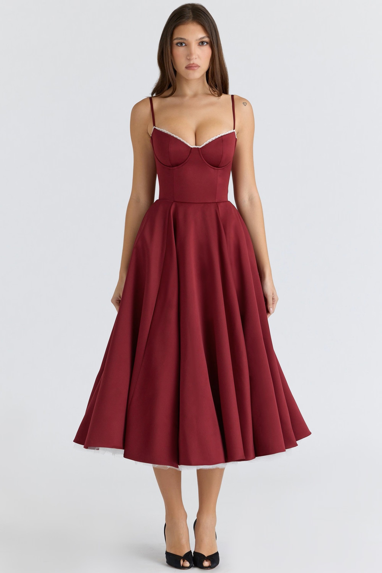 Burgundy Lace-Trim Bustier Midi Dress
