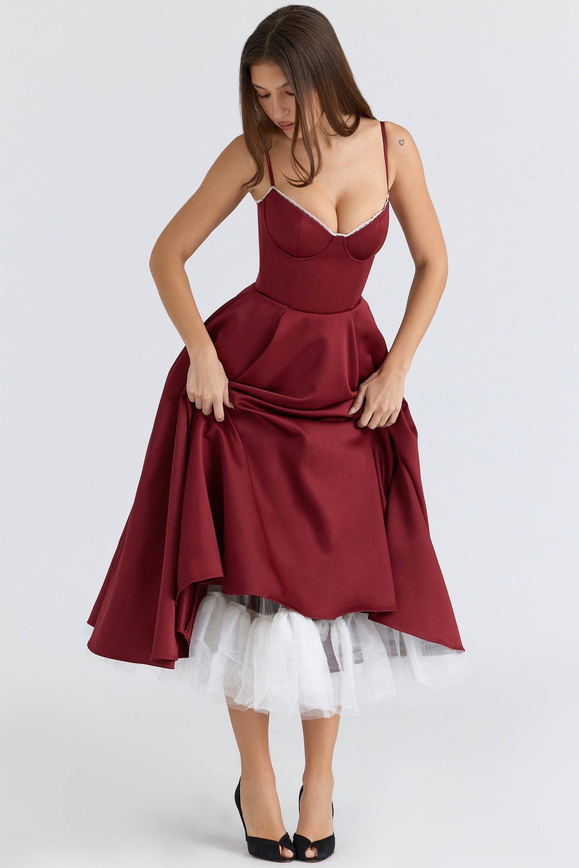 Burgundy Lace-Trim Bustier Midi Dress