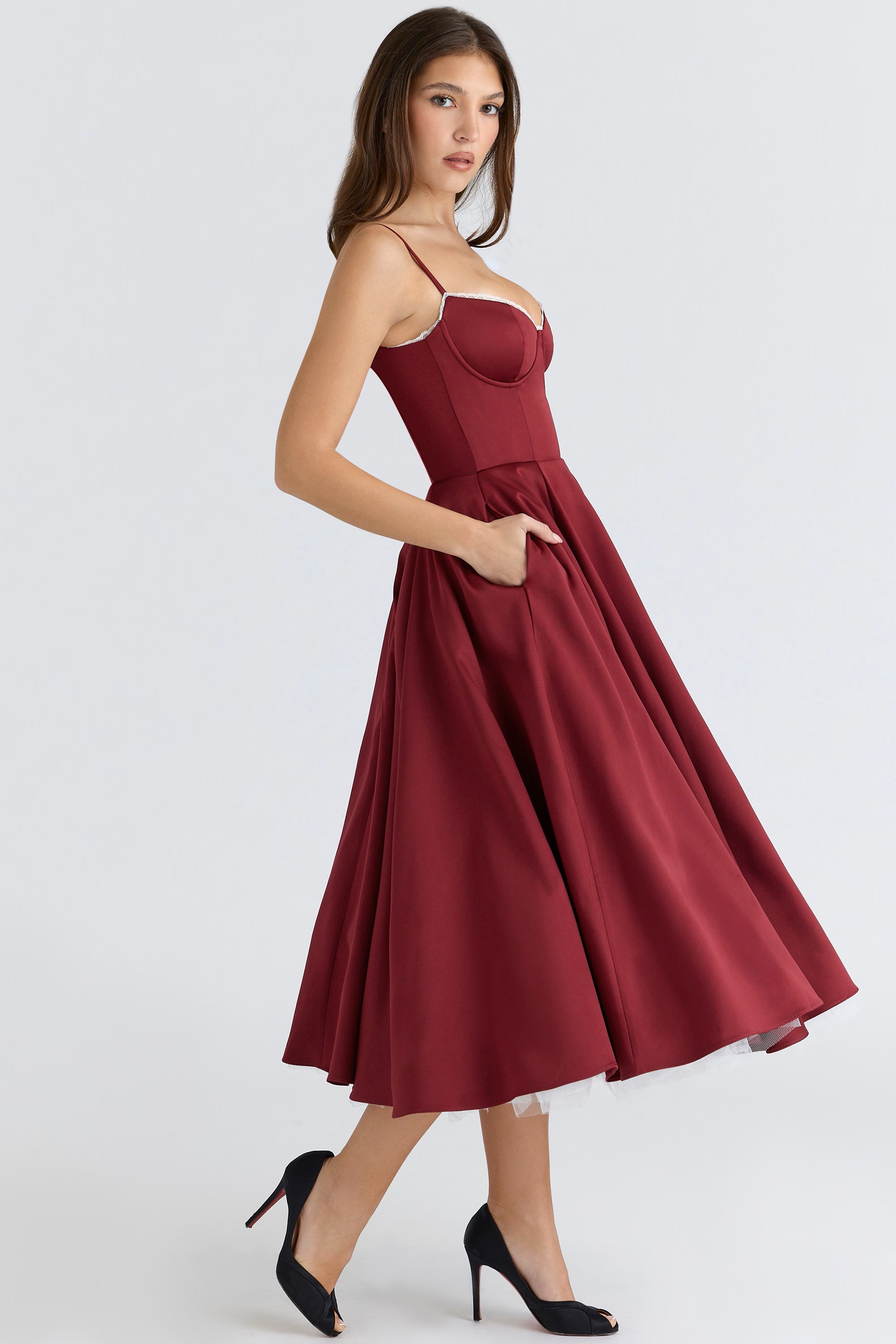 Burgundy Lace-Trim Bustier Midi Dress