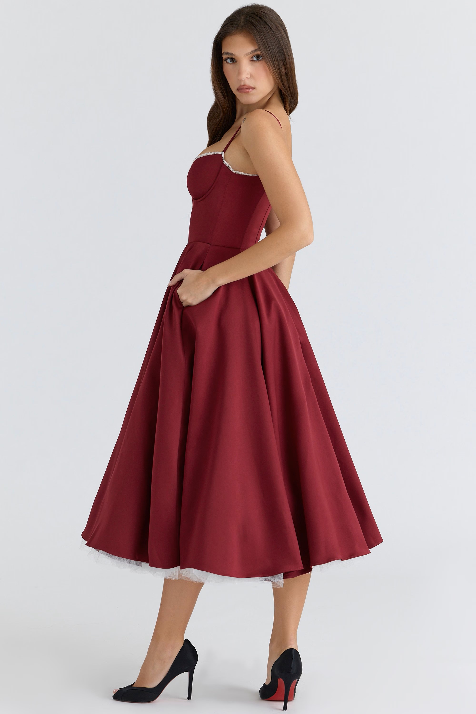 Burgundy Lace-Trim Bustier Midi Dress