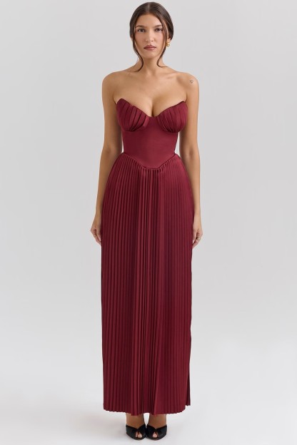 Burgundy Pleated Strapless Gown