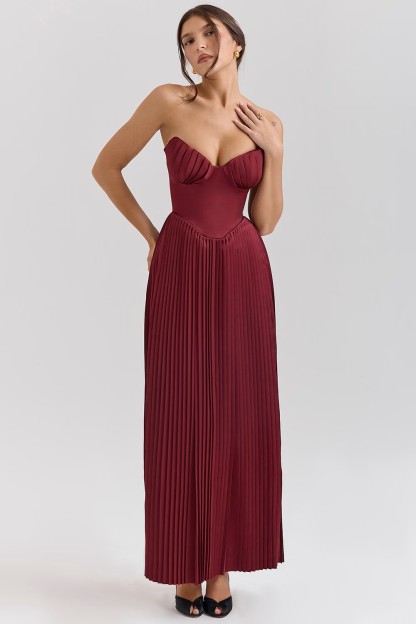 Burgundy Pleated Strapless Gown