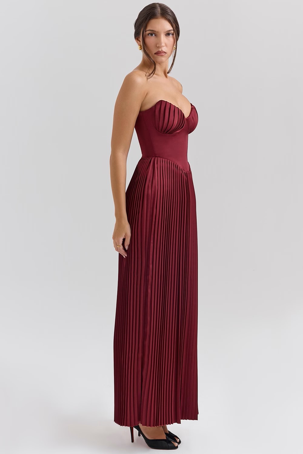 Burgundy Pleated Strapless Gown