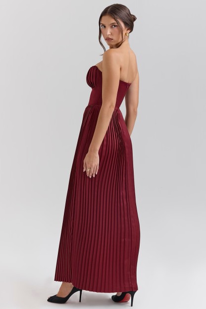 Burgundy Pleated Strapless Gown