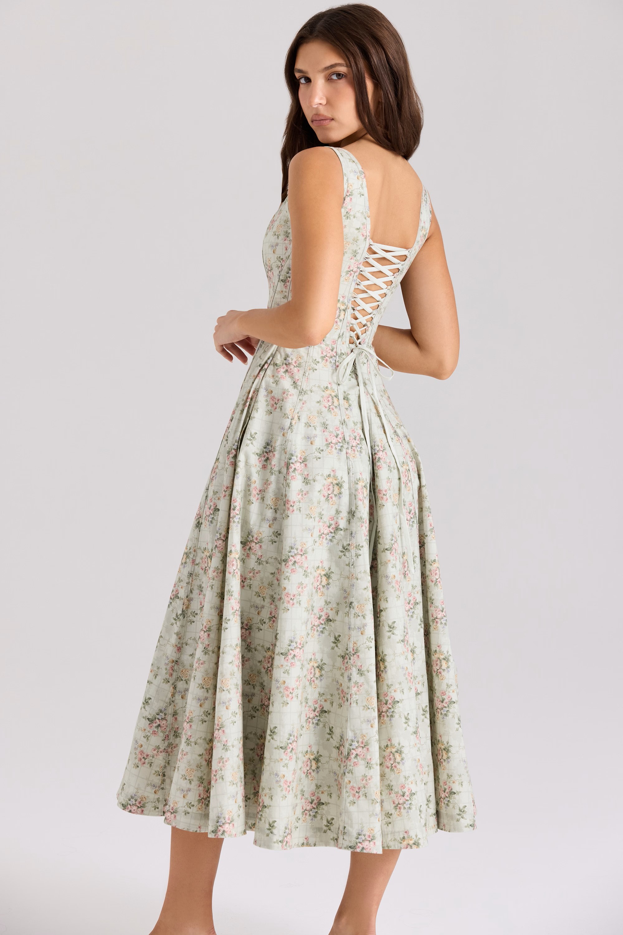 Mist Green Rose Square-Neck Floral Midi Dress