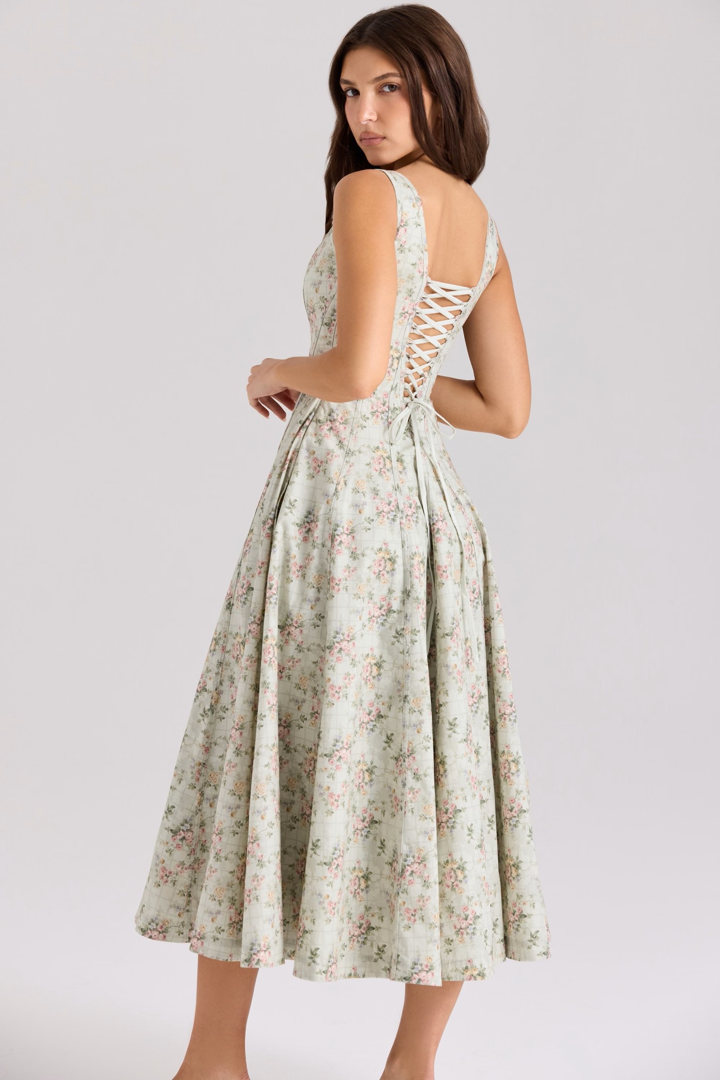 Mist Green Rose Square-Neck Floral Midi Dress