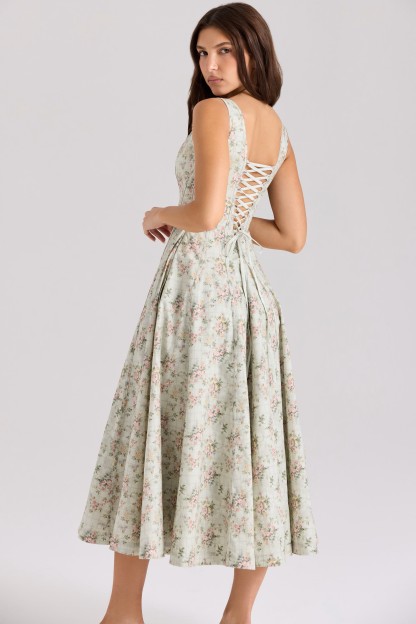 Mist Green Rose Square-Neck Floral Midi Dress