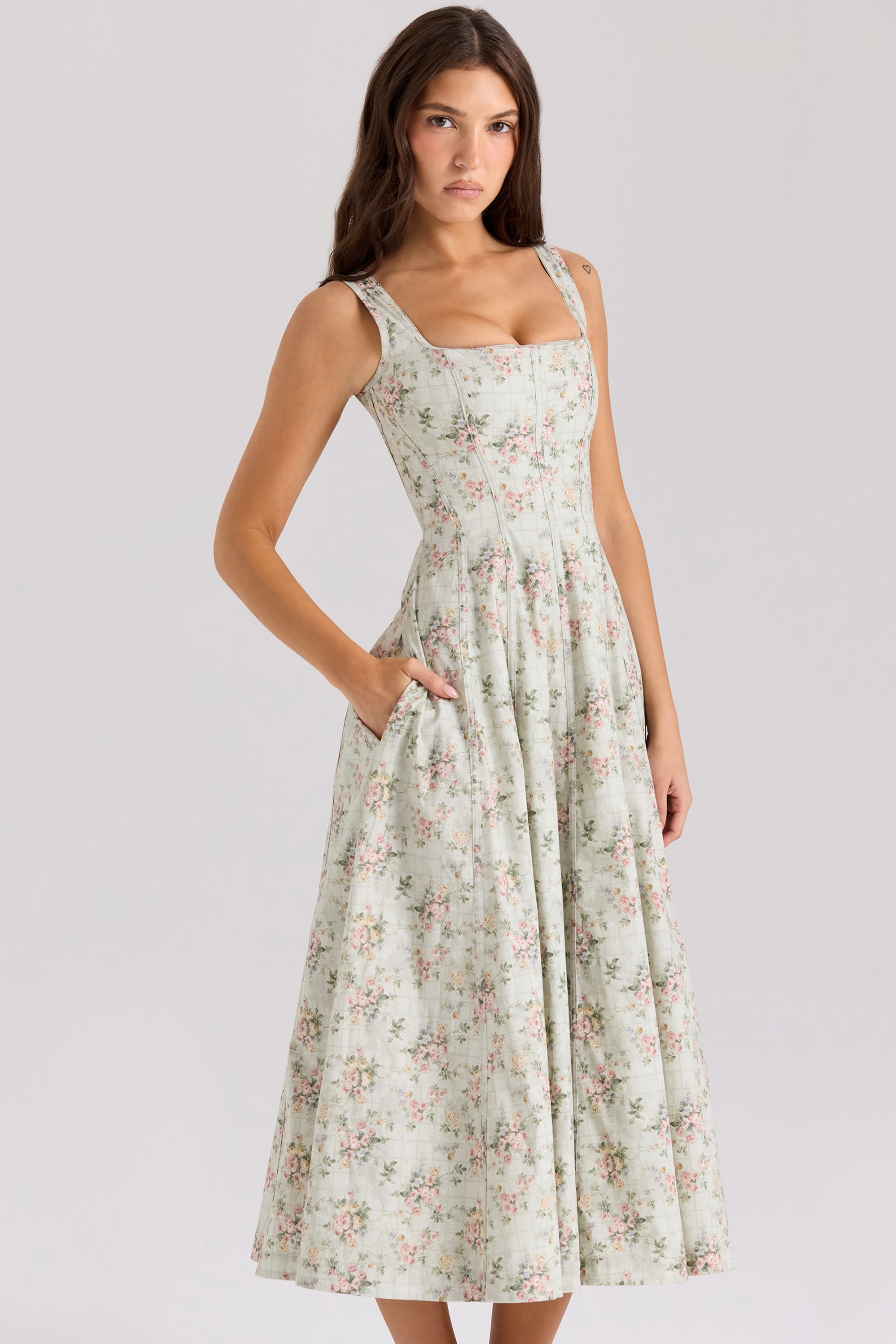 Mist Green Rose Square-Neck Floral Midi Dress