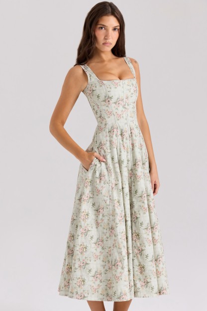 Mist Green Rose Square-Neck Floral Midi Dress